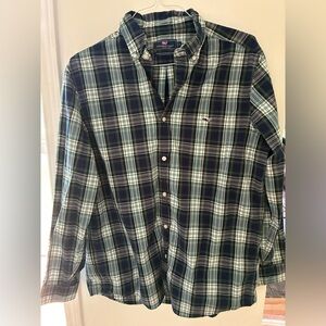 Vineyard Vines Navy and Green Plaid Shirt